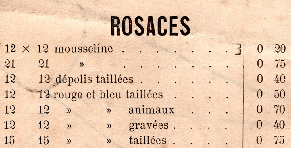 Tarif des rosaces gravées à la roue 1890