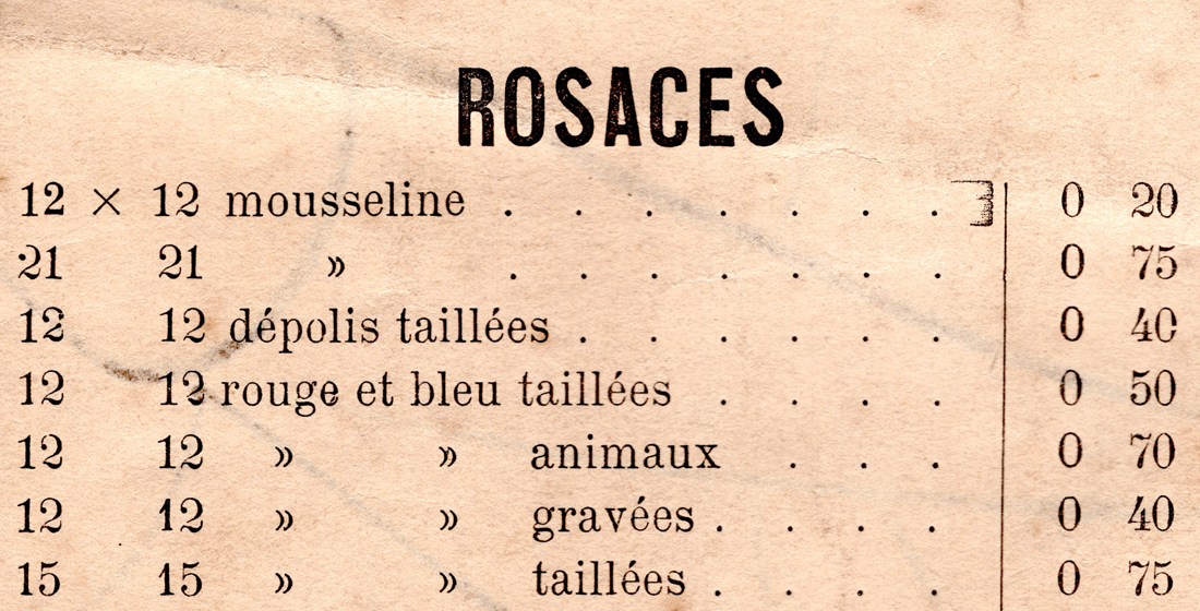 Tarif des rosaces gravées à la roue 1890