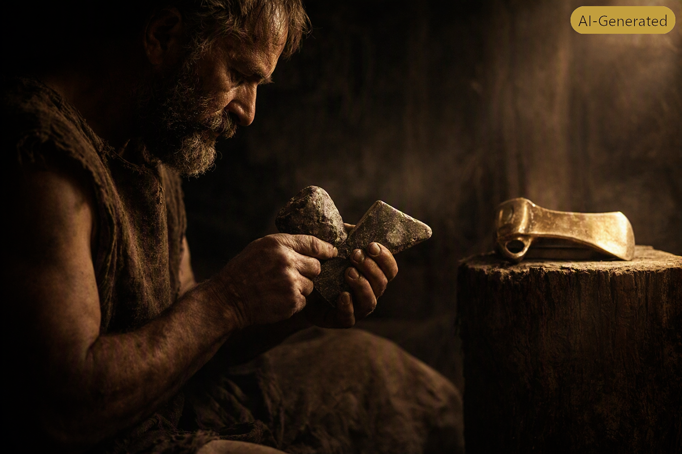Artisan façonnant un outil en pierre, avec un outil métallique posé à côté, illustrant la transition entre techniques anciennes et innovations.