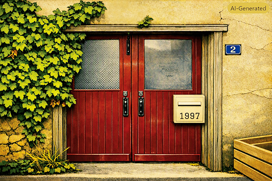 Porte rouge d'un atelier artisanal avec boîte aux lettres en 1997,