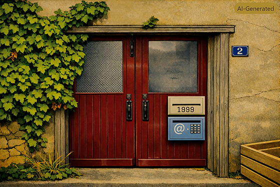 Porte rouge avec plaque 1999 et symbole @, illustrant l’entrée du numérique dans le quotidien d'un artisan verrier
